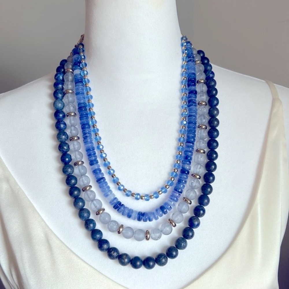 Loft Women’s Statement Multi-Strand Layered Blue and Gold Beaded Necklace